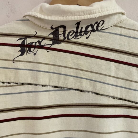 VTG Y2K Fox Polo Shirt Men's Large Beige Cotton Stripe Distressed Pinkerton - Picture 5 of 10